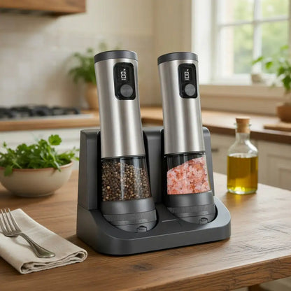Two electric pepper grinders on a kitchen counter with a digital display.