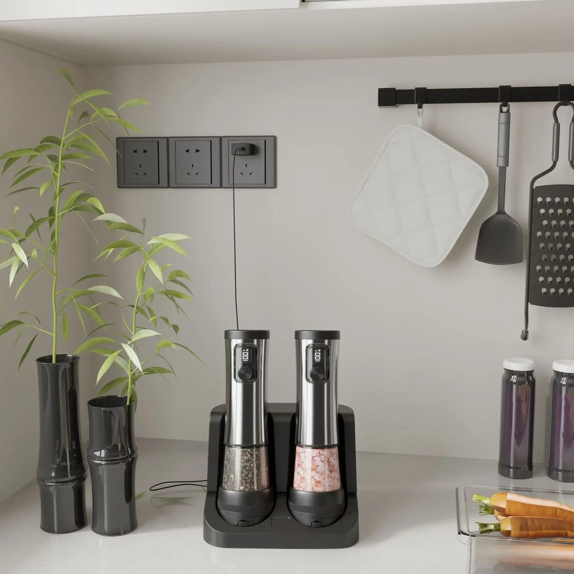 Kitchen counter with salt and pepper shakers, plant, and kitchen utensils.