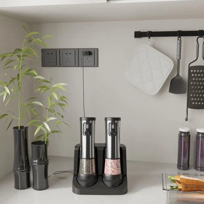 Kitchen counter with salt and pepper shakers, plant, and kitchen utensils.
