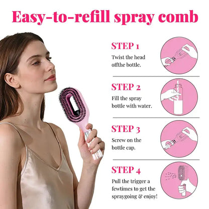 Woman holding a pink spray comb with step-by-step instructions on how to use it.