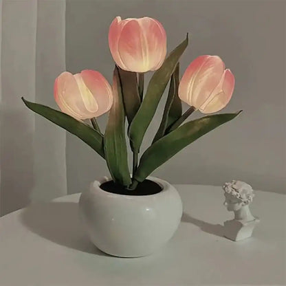 Potted plant with pink tulips on a neutral background