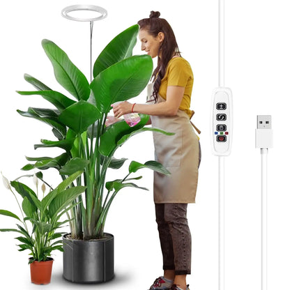 Woman watering a large potted plant with a plant light and control panel in the foreground.