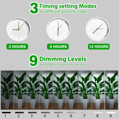 Control panel for plant lighting with timing settings and dimming levels displayed.