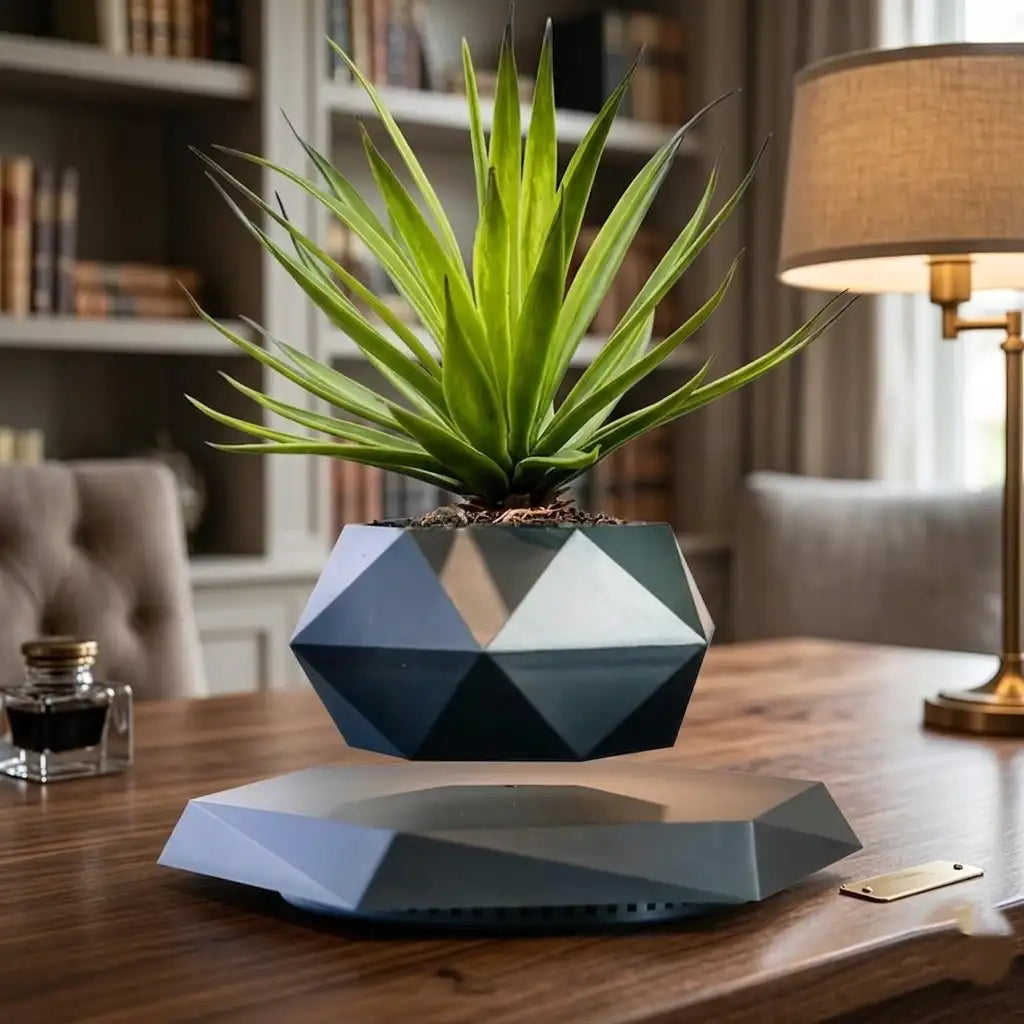 Geometrically designed plant pot with a plant on a wooden table in a room setting.