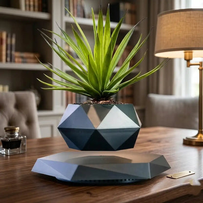 Geometrically designed plant pot with a plant on a wooden table in a room setting.