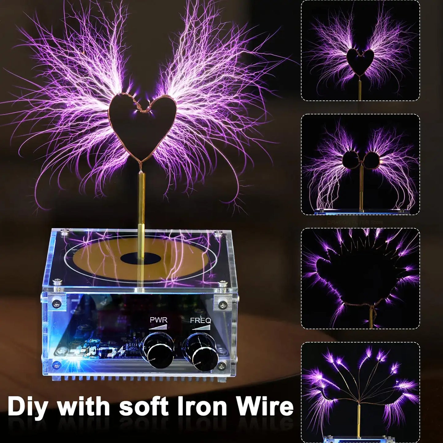 DIY plasma lamp kit with soft iron wire, showing the assembled lamp and close-up shots of the plasma effects.