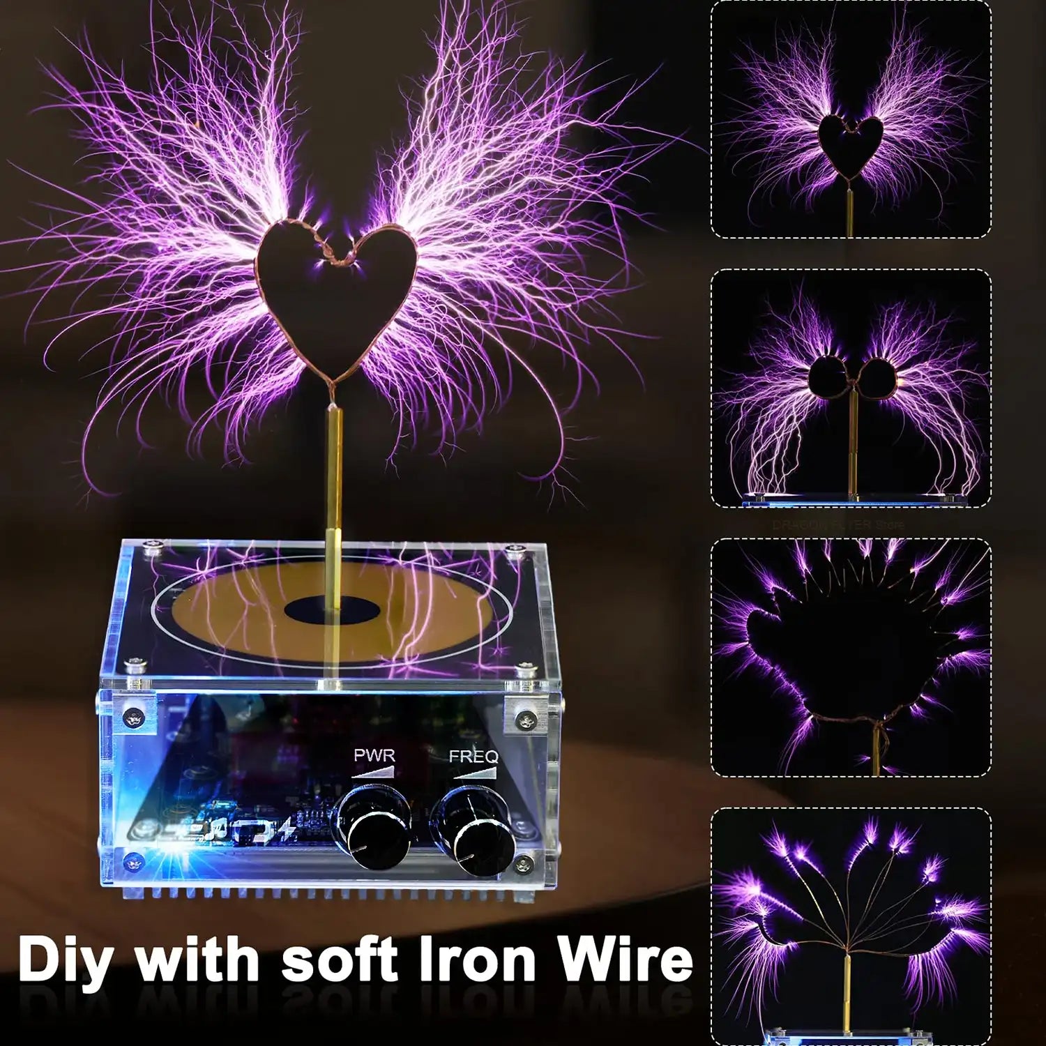 DIY plasma lamp kit with soft iron wire, showing the assembled lamp and close-up shots of the plasma effects.