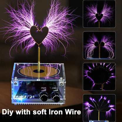 DIY plasma lamp kit with soft iron wire, showing the assembled lamp and close-up shots of the plasma effects.