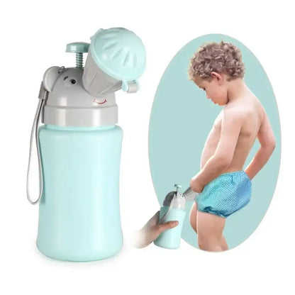 Portable shower bottle with a child using it inset on a white background