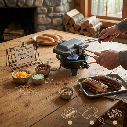 Person grilling chili cheese dogs on a portable grill in a rustic setting.
