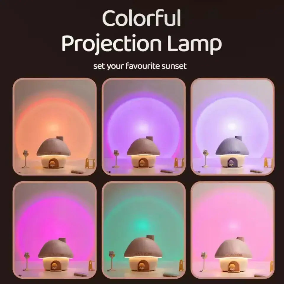 Colorful projection lamp with changing colors on a dark background