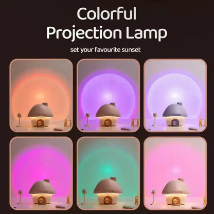 Colorful projection lamp with changing colors on a dark background