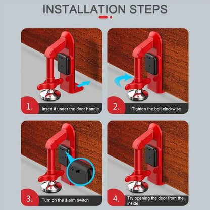 Step-by-step installation guide for a red door lock mechanism on a gray background.