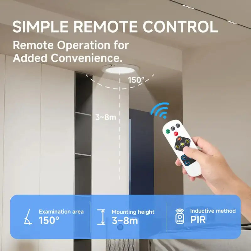Hand holding a remote control with a ceiling light fixture, emphasizing remote operation convenience.