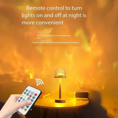 Hand holding a remote control with a warm-lit room and lamp in the background, emphasizing the convenience of remote control lighting.