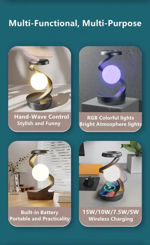 Rotating Floating Lamp with 15W Wireless Charger & RGB Atmosphere Light