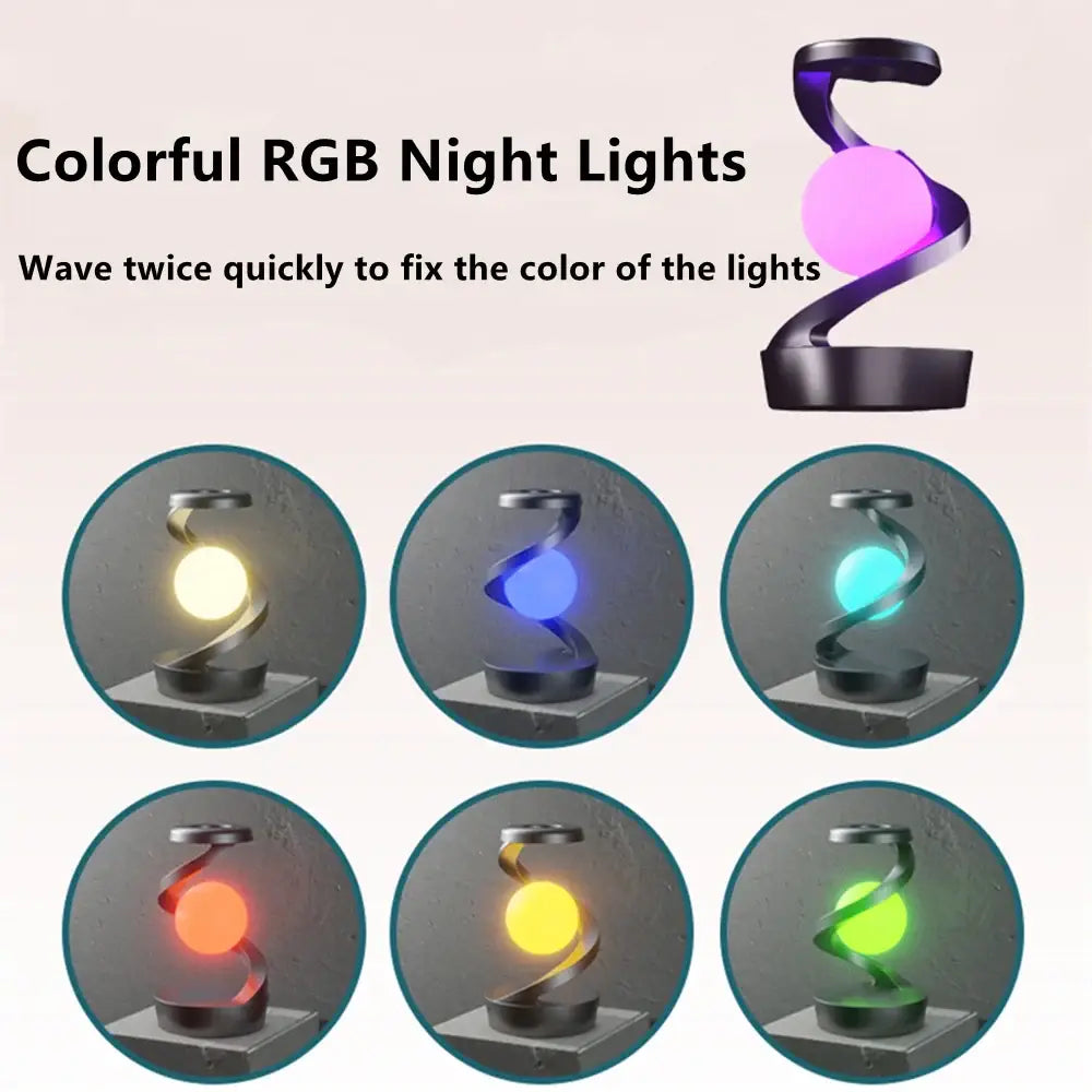 Rotating floating lamp specifications showing USB-C input and built-in rechargeable battery