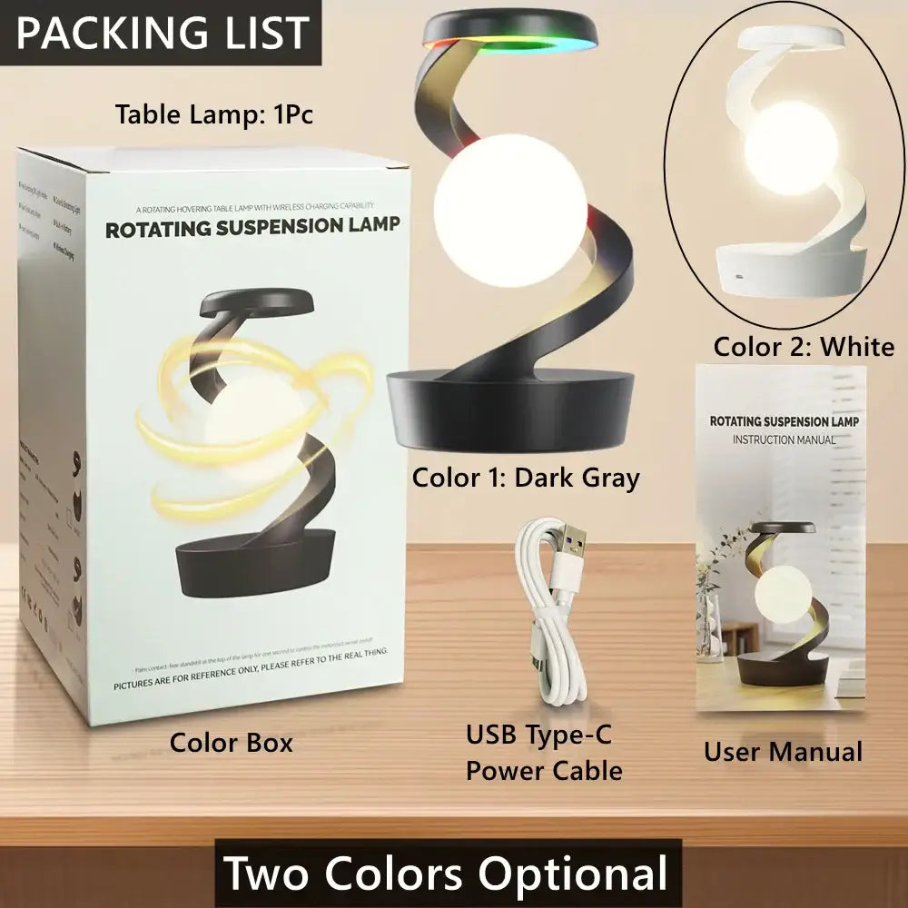 Rotating floating lamp key features showing 15W fast wireless charging and RGB LED