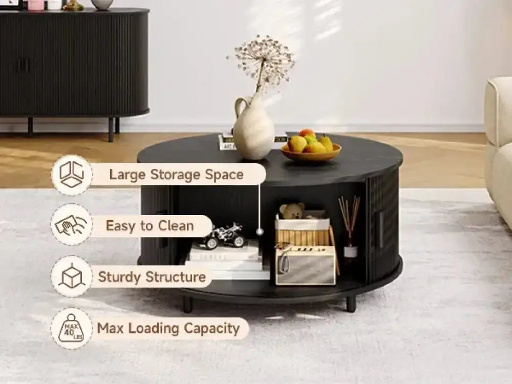 Round Fluted Coffee Table 360° Curved Sliding Door & Hidden Storage - Ninjanew
