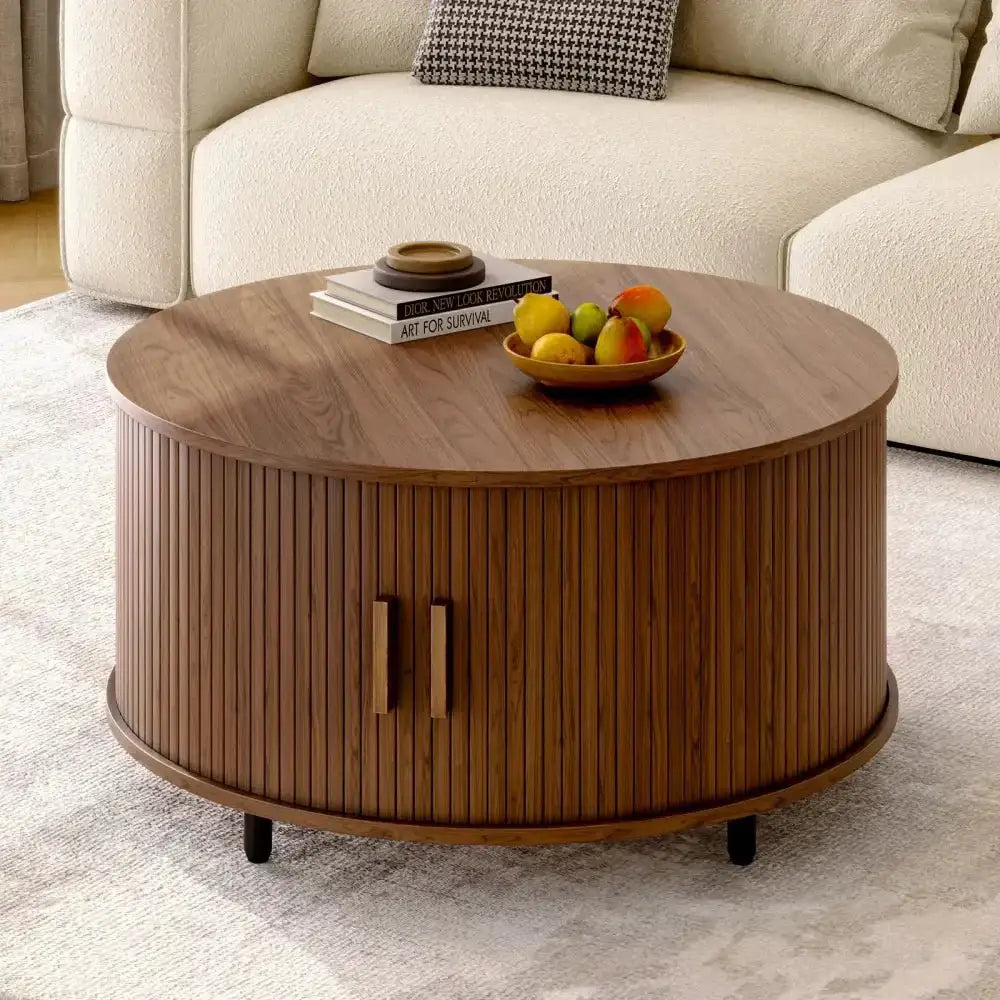 Round Fluted Coffee Table 360° Curved Sliding Door & Hidden Storage - Ninjanew
