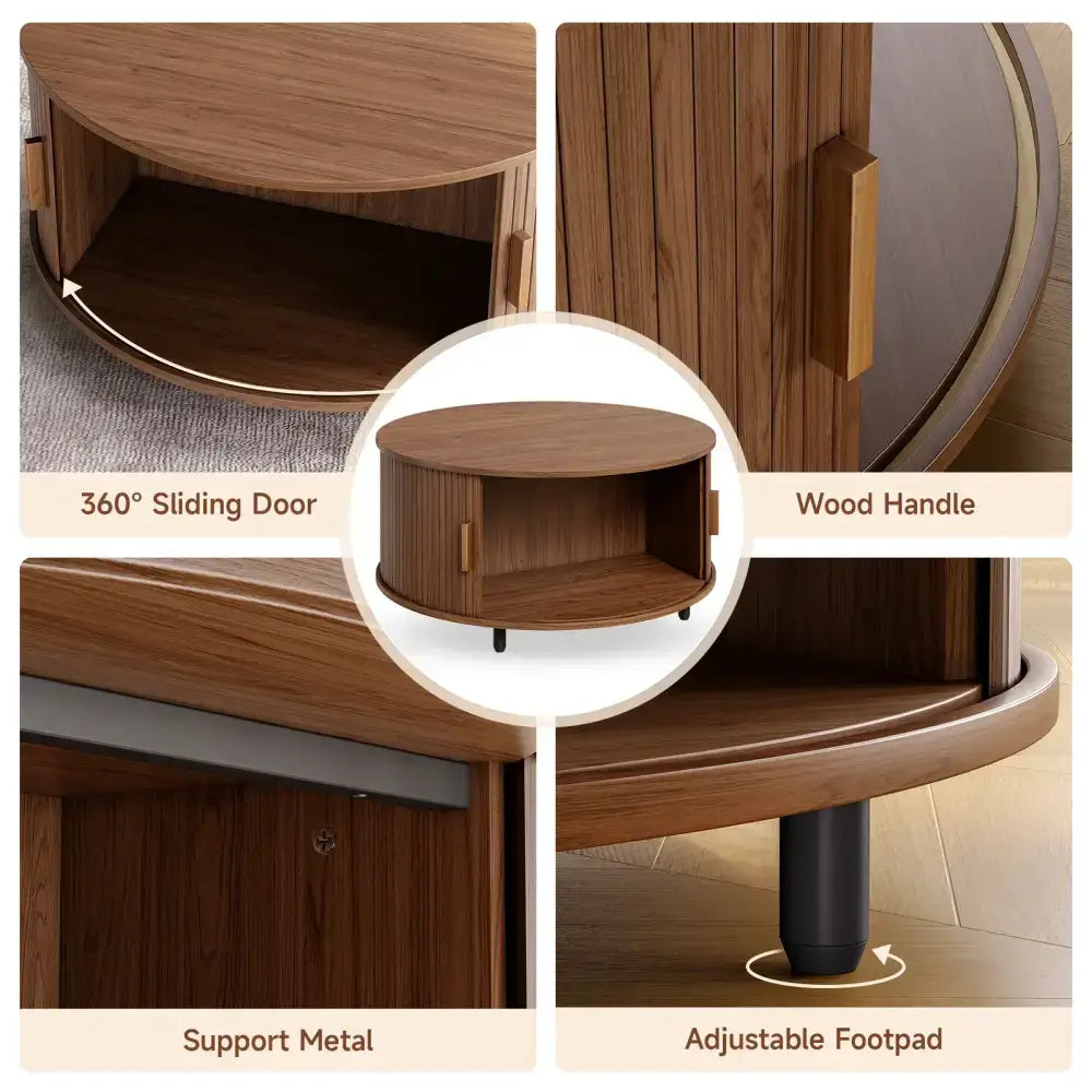 Round Fluted Coffee Table 360° Curved Sliding Door & Hidden Storage