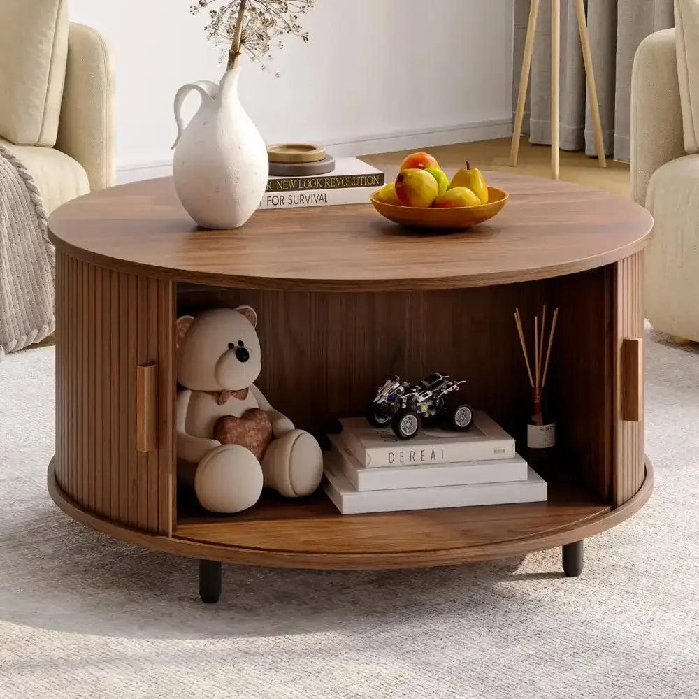 Round Fluted Coffee Table 360° Curved Sliding Door & Hidden Storage - Ninjanew