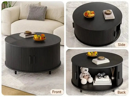 Round Fluted Coffee Table 360° Curved Sliding Door & Hidden Storage - Ninjanew