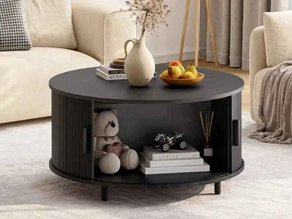 Round Fluted Coffee Table 360° Curved Sliding Door & Hidden Storage - Ninjanew
