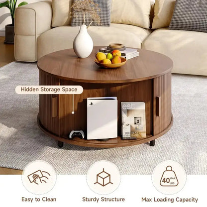 Round Fluted Coffee Table 360° Curved Sliding Door & Hidden Storage - Ninjanew