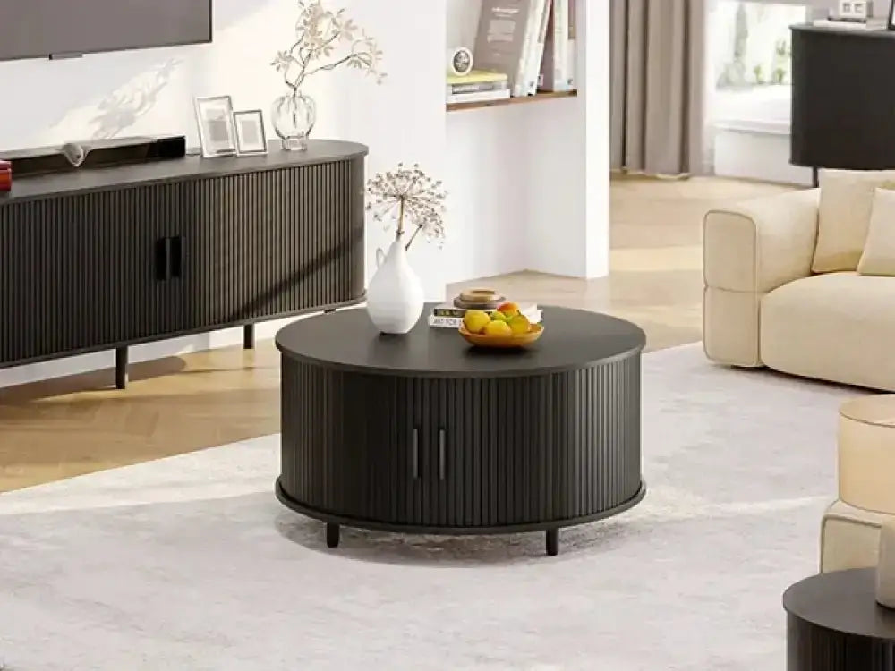 Round Fluted Coffee Table 360° Curved Sliding Door & Hidden Storage - Ninjanew