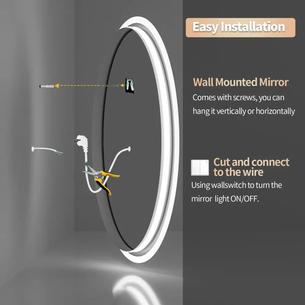 Round LED Backlit Bathroom Mirror Anti-Fog Dimmable Smart Wall Mirror