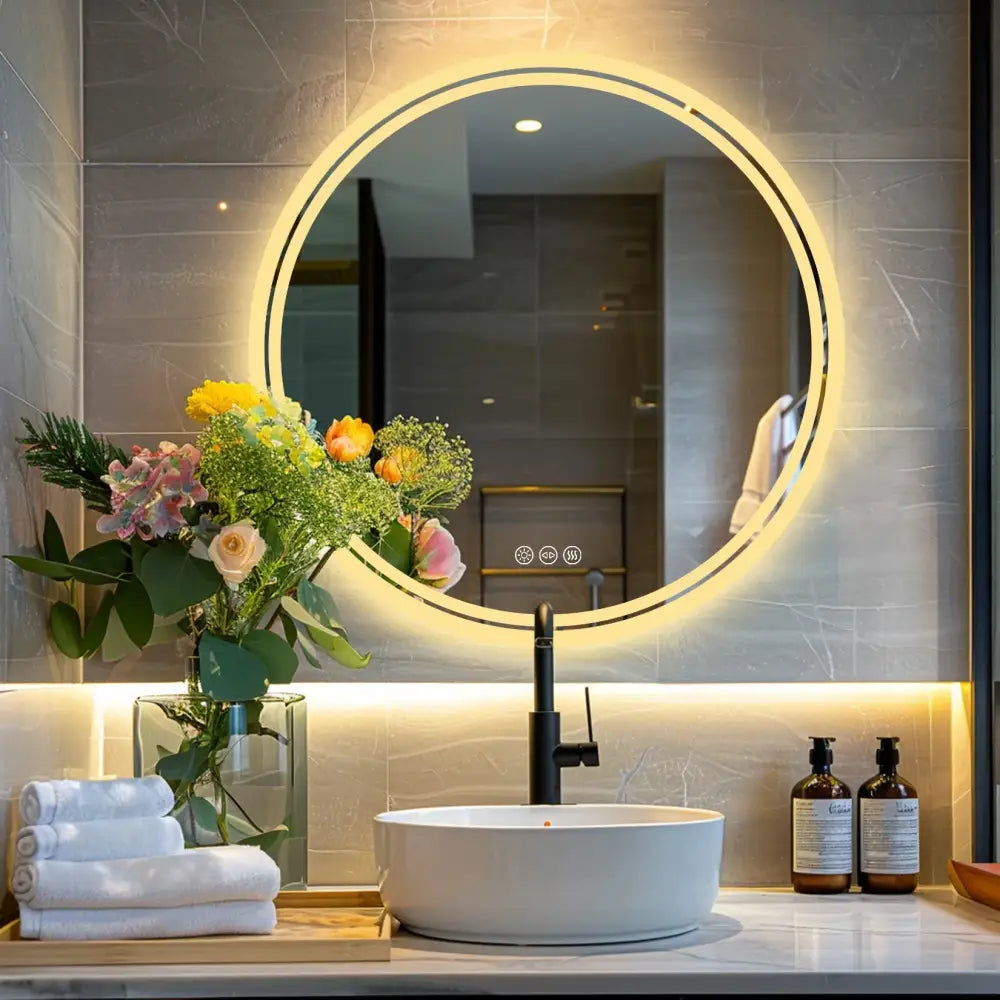 Round LED Backlit Bathroom Mirror Anti-Fog Dimmable Smart Wall Mirror