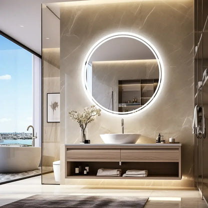Modern bathroom with a round illuminated mirror, sink, and decorative elements.