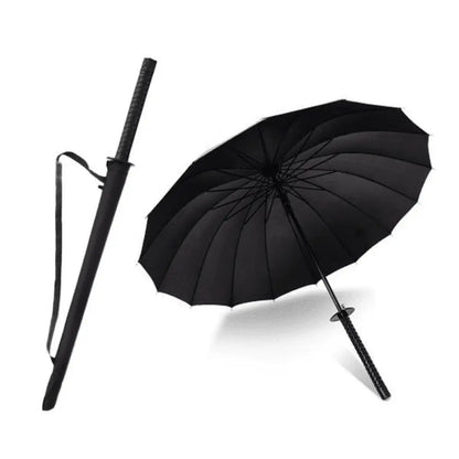 Black umbrella with a sword-like handle on a white background