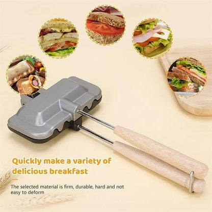 Gray sandwich maker with wooden handles on a beige background, surrounded by images of assembled sandwiches.