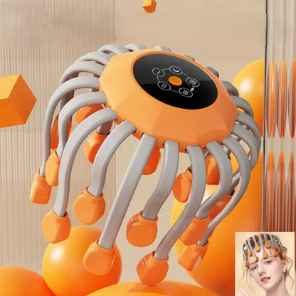 Orange and gray scalp massager with control panel on a beige background