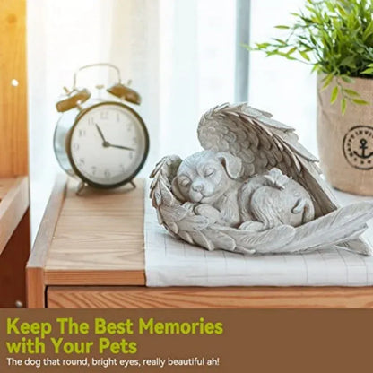 Decorative sculpture of a dog in a wooden coffin on a table with a clock and plant in the background.