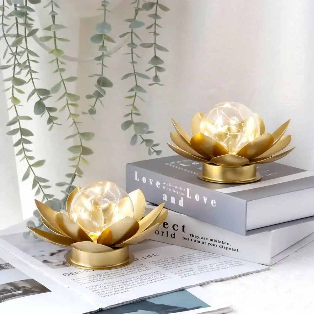 Set of 2 Gold Lotus Table Lamps 6’’ Cordless Battery Powered Metal Decor