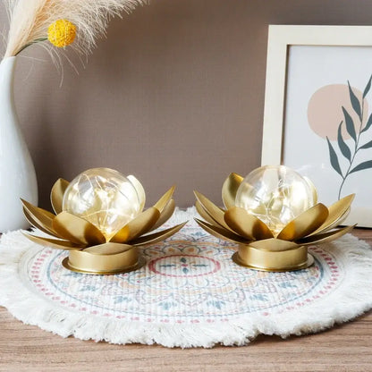 Set of 2 Gold Lotus Table Lamps 6'' Cordless Battery Powered Metal Decor