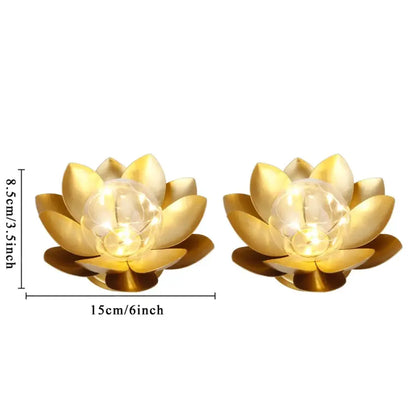 Set of 2 Gold Lotus Table Lamps 6'' Cordless Battery Powered Metal Decor
