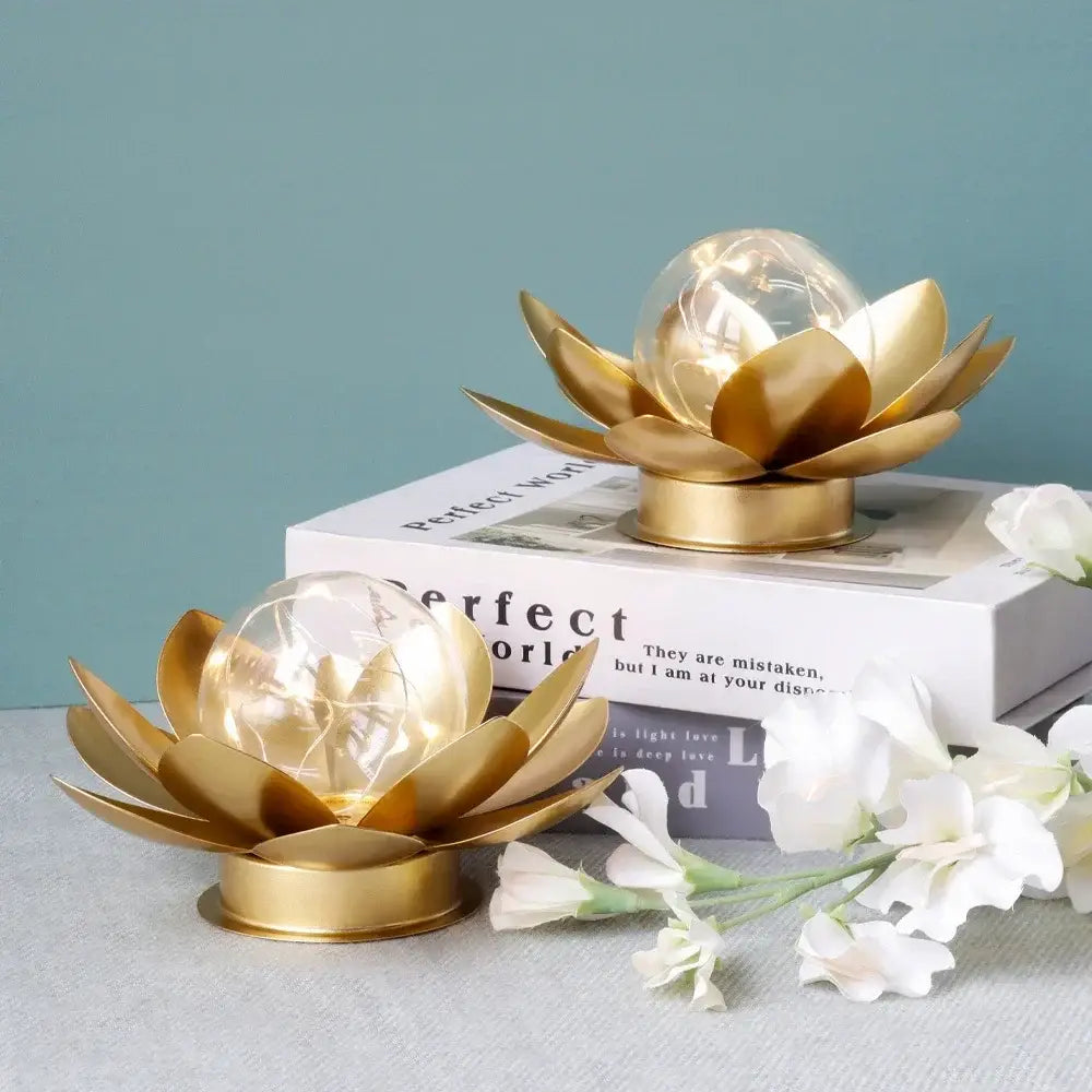 Set of 2 Gold Lotus Table Lamps 6'' Cordless Battery Powered Metal Decor