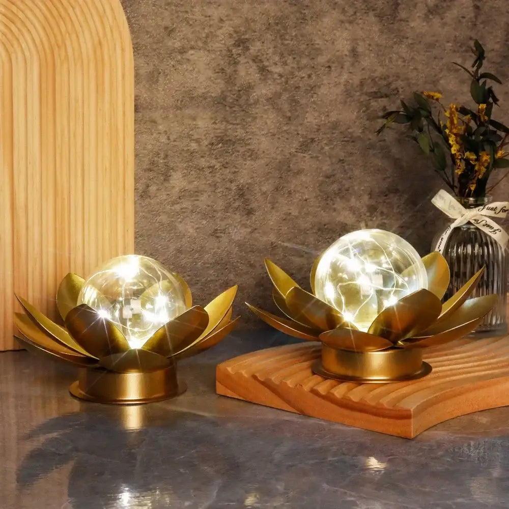 Set of 2 Gold Lotus Table Lamps 6’’ Cordless Battery Powered Metal Decor