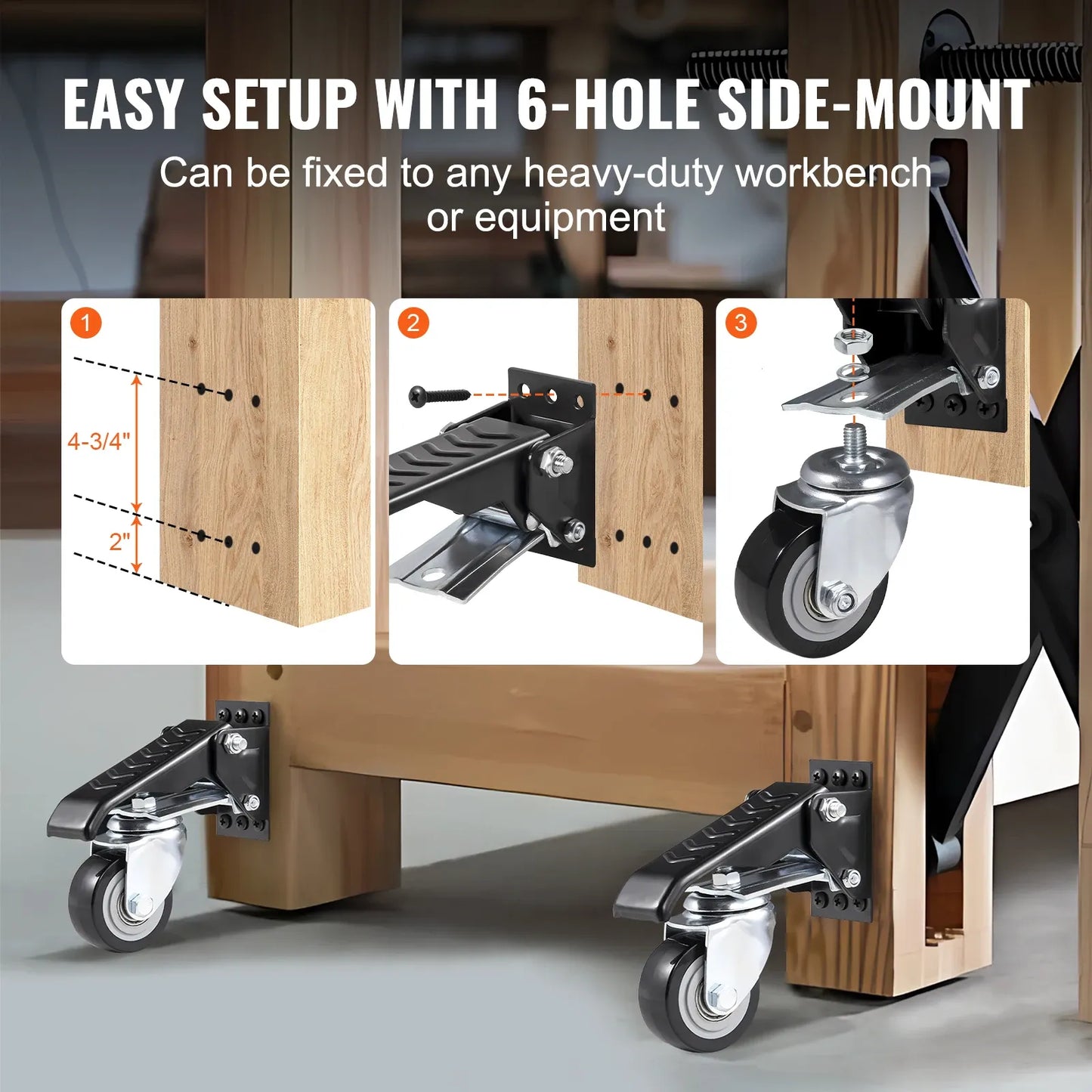 Set of 4 Heavy-Duty 2.5" Workbench Caster Wheels – Side-Mounted Retractable Stepdown Wheels,