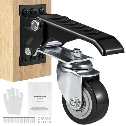 Set of 4 Heavy-Duty 2.5" Workbench Caster Wheels – Side-Mounted Retractable Stepdown Wheels,