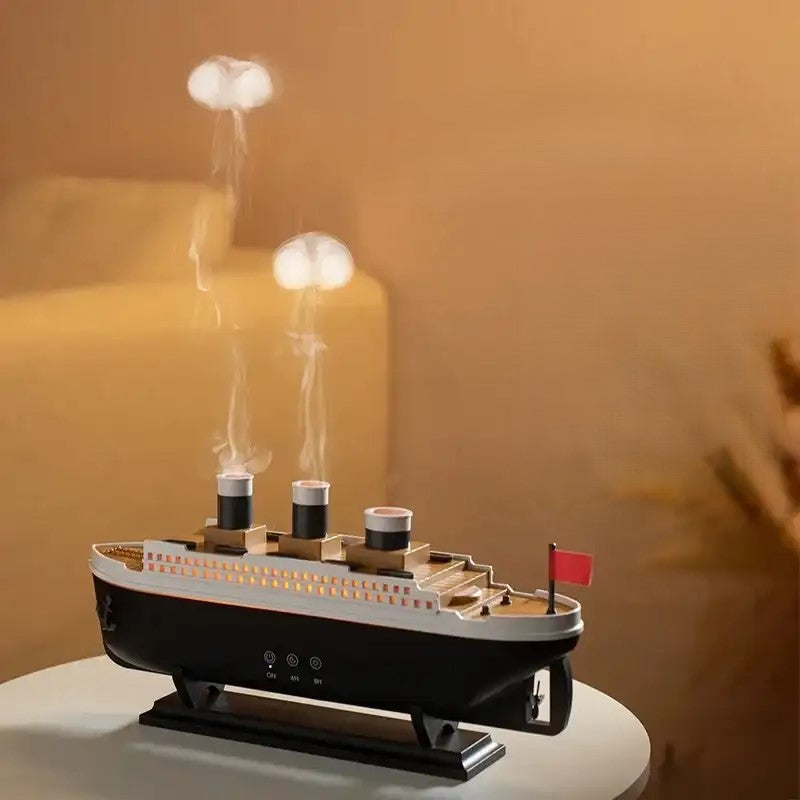 Model of a ship diffuser with smokestacks and a red flag on a blurred background