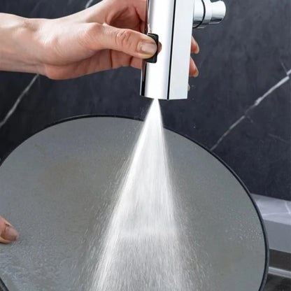 Person using a handheld showerhead to spray water on a sink.