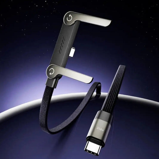 Black and silver USB-C cable with a clip on a dark background