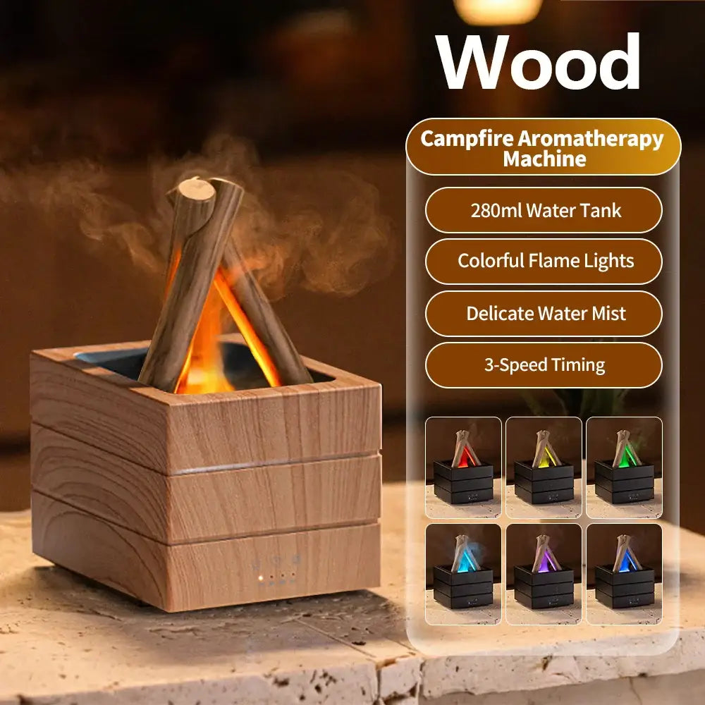 Simulated Flame Bonfire Aroma Diffuser Ultrasonic Cool Mist Humidifier 280ml LED Lamp