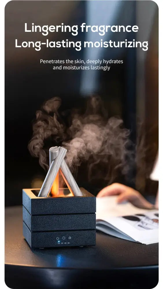 Bonfire aroma diffuser key features showing remote control and 2H 4H 6H timer settings