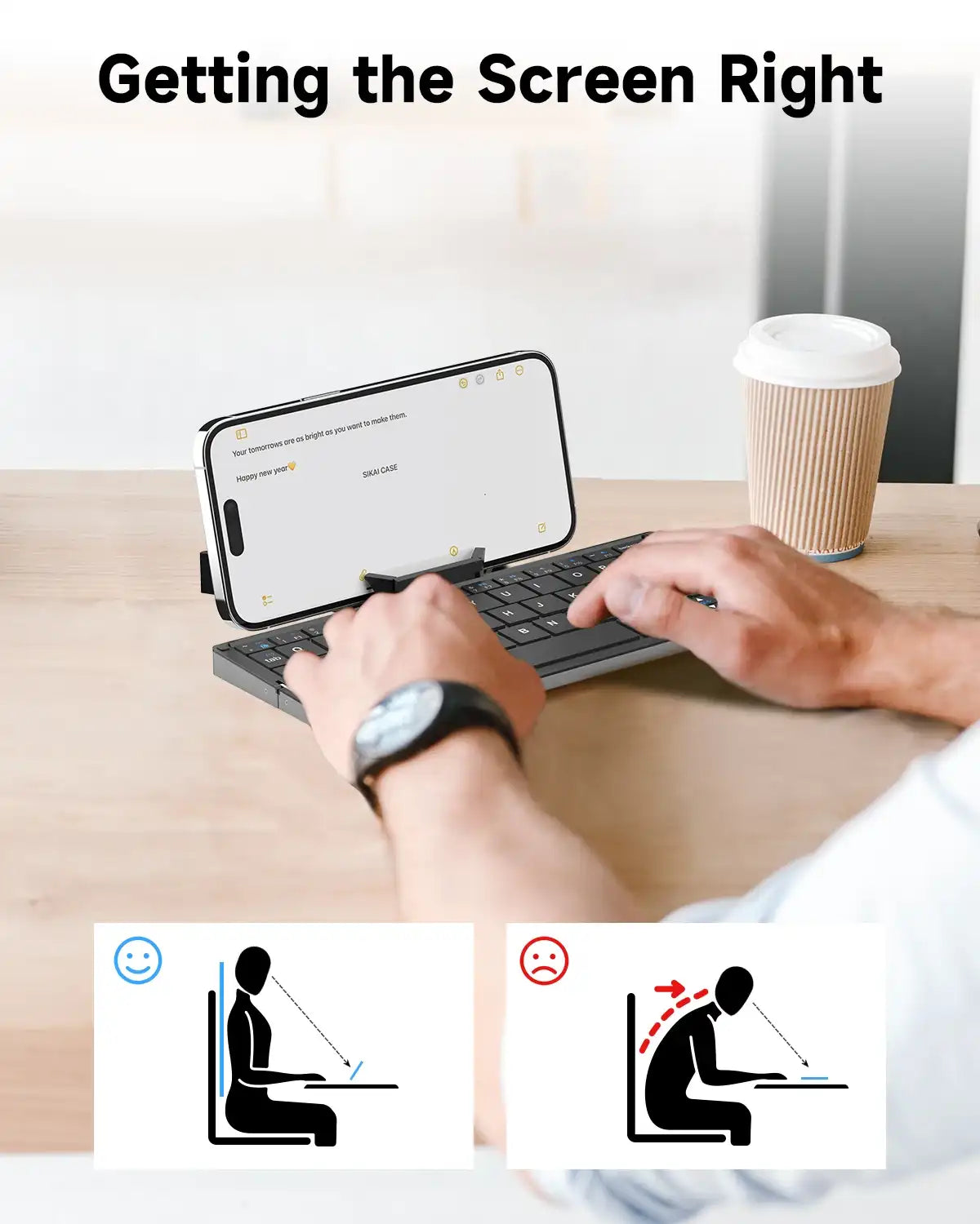 A person using a smartphone with a keyboard stands on a desk, with ergonomic icons displayed.